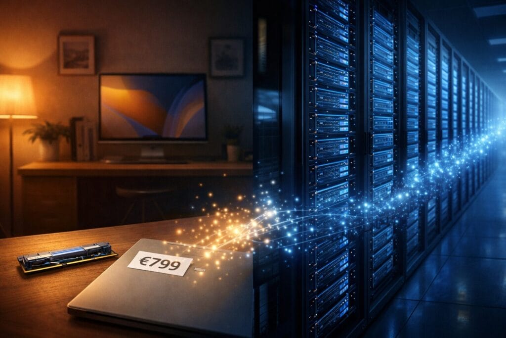 Vergelijking tussen één consument-pc met RAM en massief datacenter vol geheugenmodules, visualiseert hoe AI-datacenters alle RAM opvragen